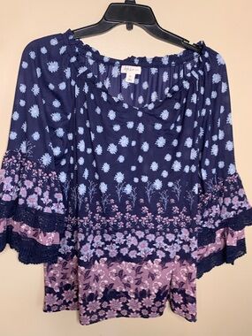 Style & Co. Navy Floral Peasant Blouse with Lavender Border